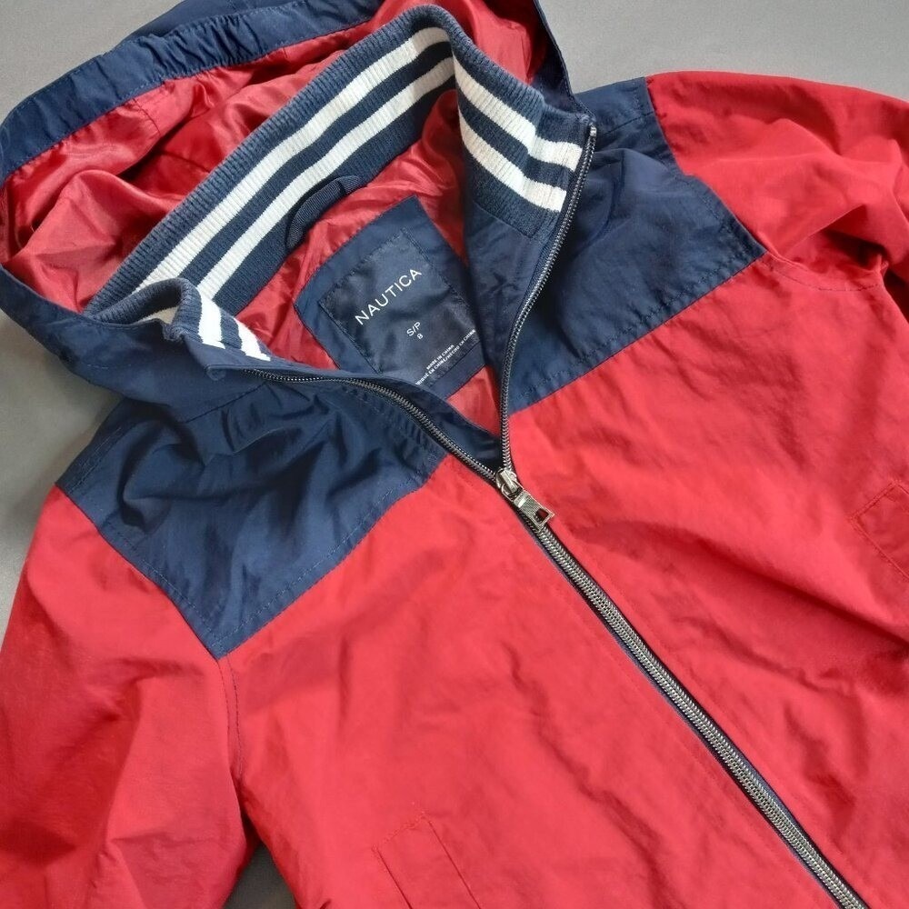 Nautica Boys Red‎ Navy Blue Colorblock Hooded Windbreaker Jacket Size S 8